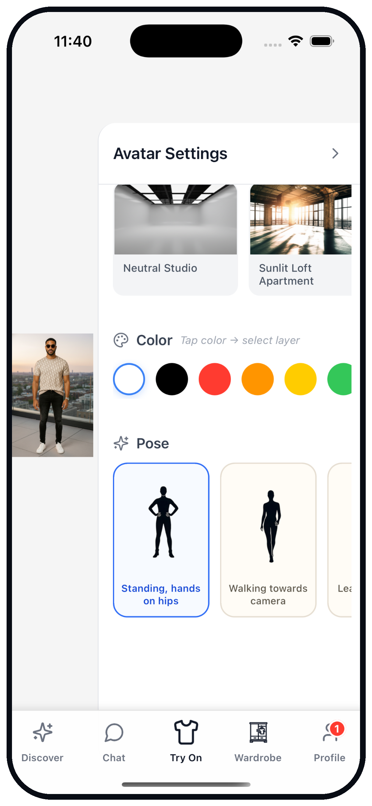 Avatar settings with backgrounds and poses